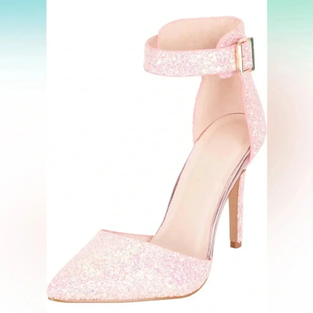 Cambridge Select Women's Pointed D'Orsay Ankle Strap Iridescent Glitter Pumps